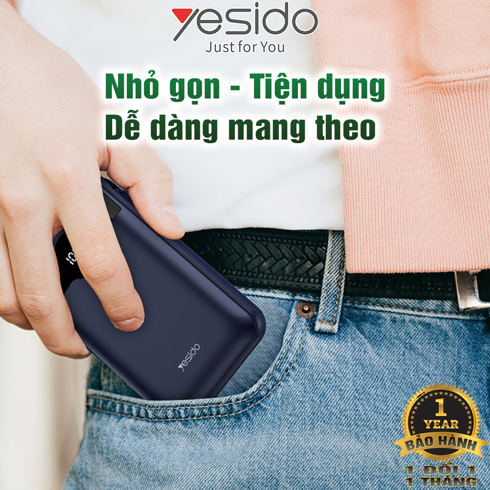 Sạc dự phòng Nhanh 22.5W Yesido YP-28 Kèm theo Cáp sạc 2 trong 1 Hàng chính hãng