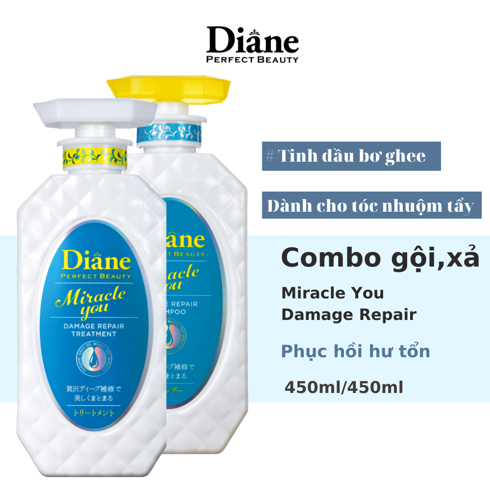 Combo gội xả phục hồi hư tổndành cho tóc nhuộm tẩy Diane Miracle You Damage Repair &amp; Treatment 450ml*2