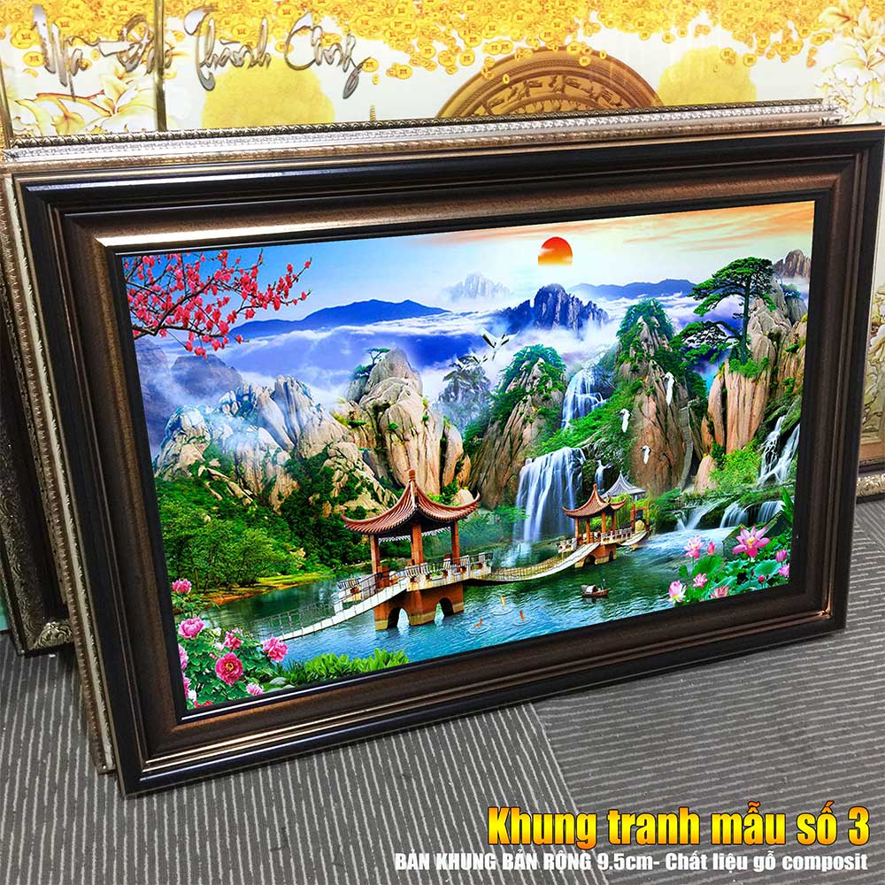 Tranh treo tường phòng khách, phòng ngủ SƠN THỦY HỮU TÌNH khung gỗ composit chất liệu pvc gương / lụa kim sa. MS:1891L9