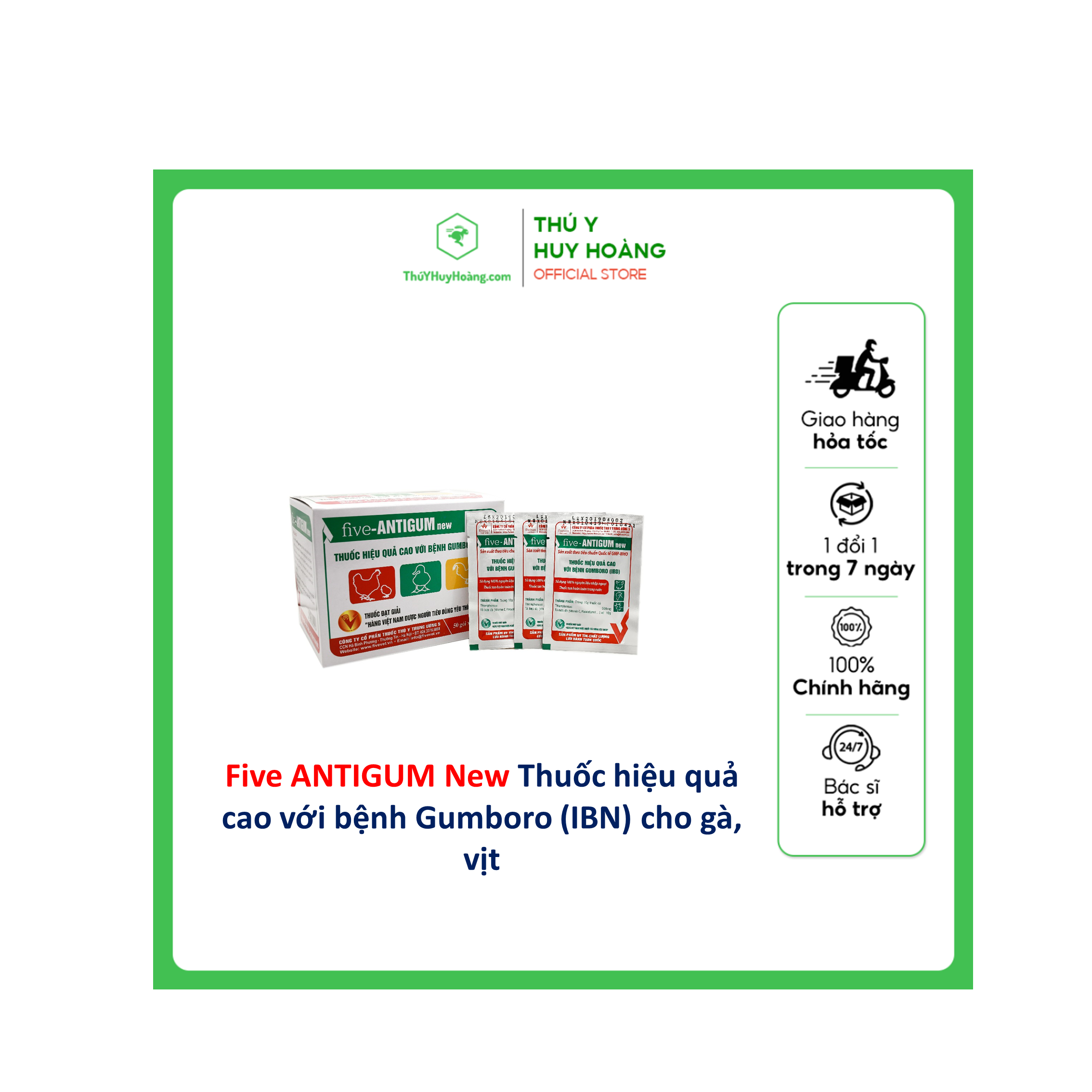 Thuốc bột Five ANTIGUM new giúp vật nuôi hạ sốt nhanh, an thần, cung cấp các loại Vitamin,Tăng cường quá trình trao đổi chất, nâng cao sức đề kháng cơ thể