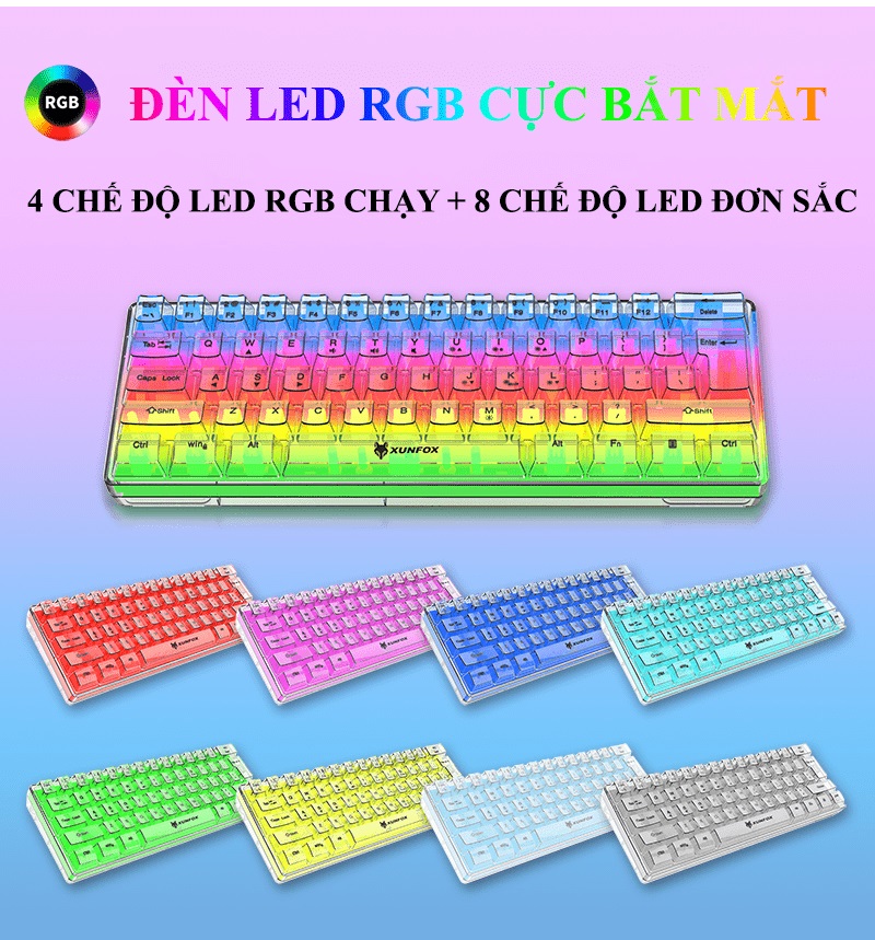 Bàn phím mini có dây XUNFOX K20 thiết kế trong suốt độc đáo với đèn led RGB cực đẹp - HT