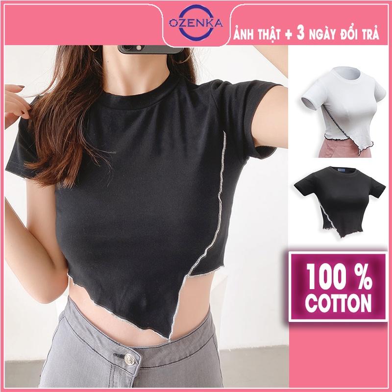 Áo croptop ngắn tay cổ tròn ôm body nữ, áo crt vạt lệch cải viền đẹp màu đen trắng dưới 50 cân