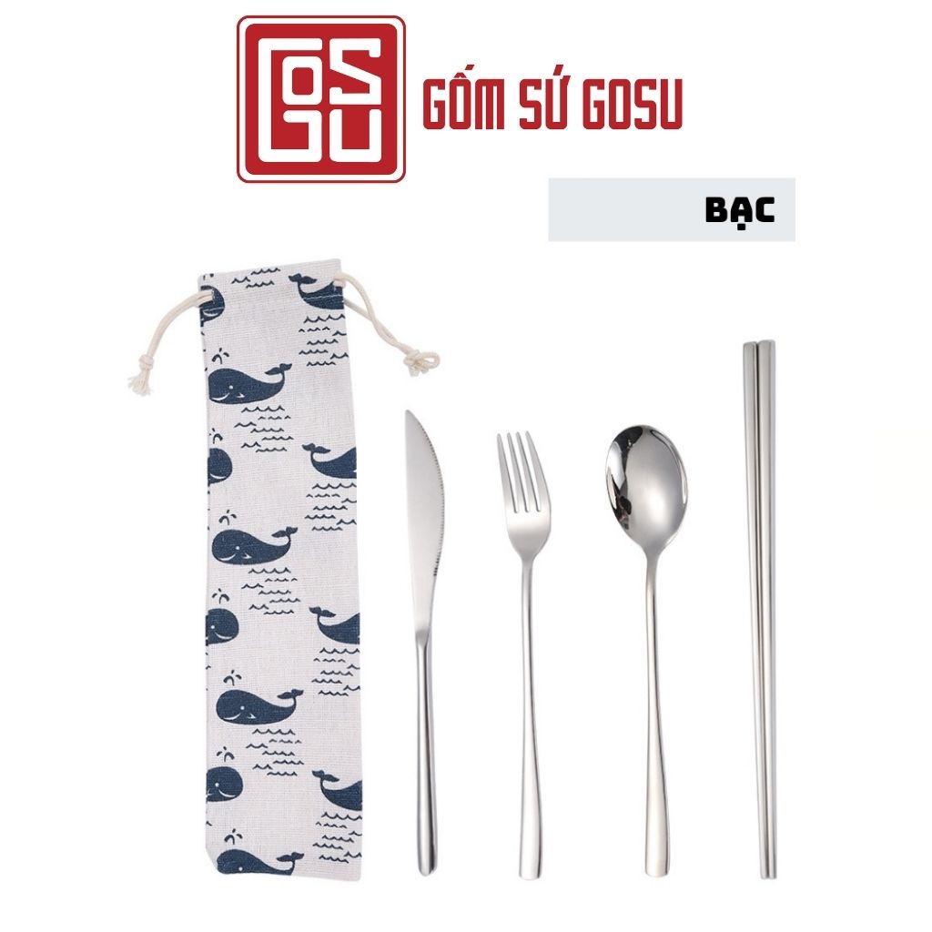 Bộ đũa thìa dĩa dao PD035, 4 chi tiết chất liệu inox 304 sáng bóng kèm túi đựng