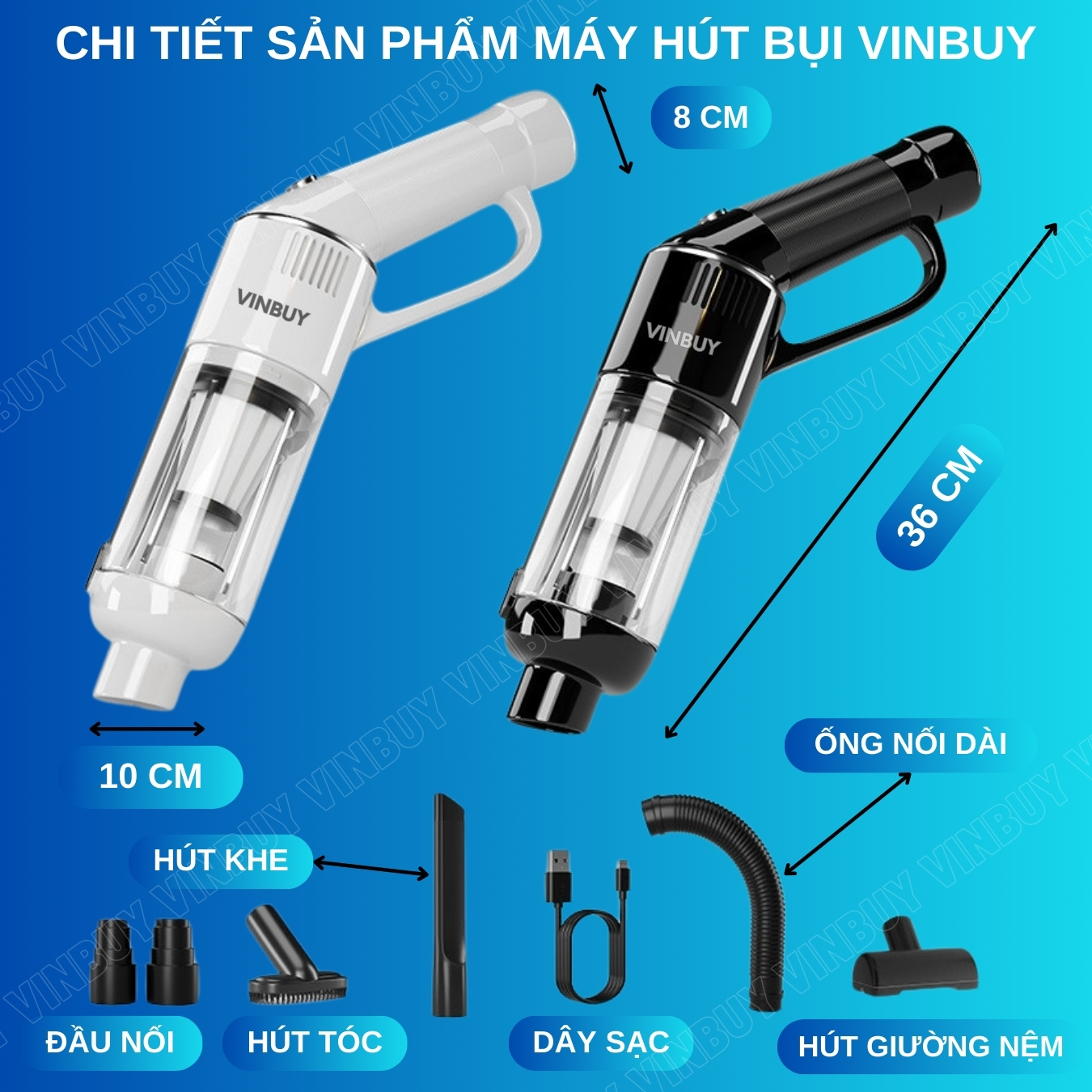 Máy hút bụi cầm tay, hút bụi xe ô tô, xe hơi, giường nệm, lực hút mạnh 22000PA, pin sạc không dây - Chính hãng VinBuy