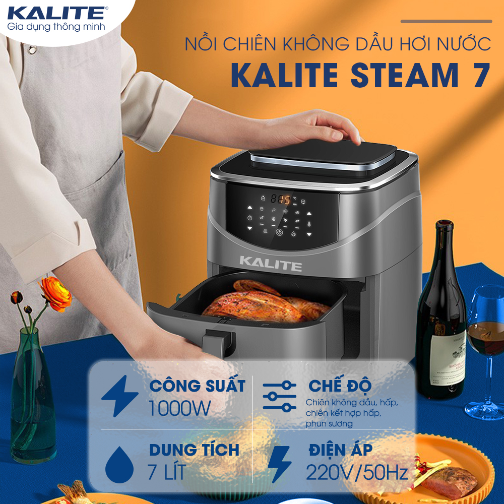 Nồi chiên hơi nước KALITE STEAM 7, công nghệ mới chiên không dầu kết hợp chức năng hấp, màn hình điều khiển cảm ứng, 9 chế độ nấu lập trình sẵn, công suất 1700w, dung tích 7L, hàng chính hãng