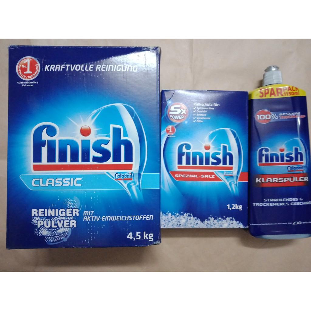 bộ sản phẩm Bột rửa bát Finish 4,5 kg, muối rửa bát Finish 1.2kg, nuớc làm bóng finish 400ml (Đức)