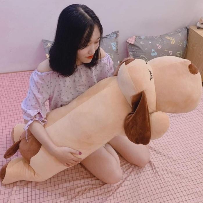 Gối ôm Hình Thú Chó Bông Mũi Tim Dài Nằm Lười, Gấu Bông Cute Đáng Yêu Tai To Size 1M - 1M3 Siêu Mềm Mịn Co Giãn 4 Chiều