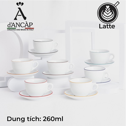 Bộ đĩa và ly sứ cà phê Ancap Latte 260ml vẽ tay lên viền