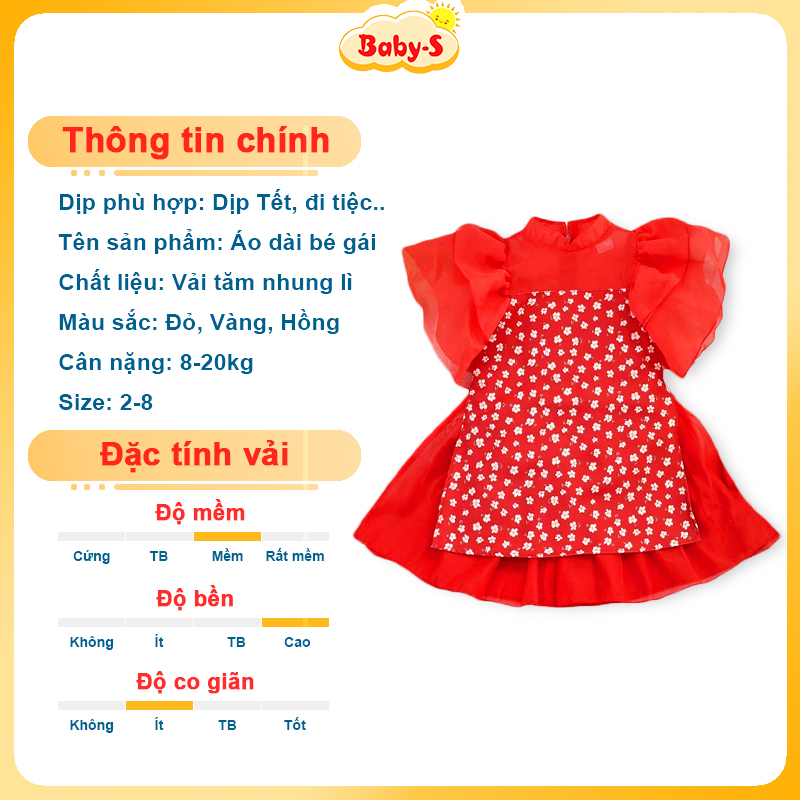 Áo dài bé gái 8-20kg chất tăm nhung cao cấp Baby-S, Áo dài cách tân cho bé họa tiết hoa nhí tay bồng xinh xắn – SAD007