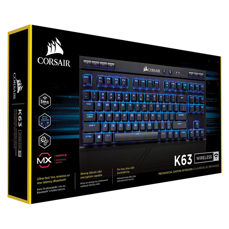 Bàn Phím Cơ Không Dây Corsair K63 LED Blue Cherry MX Red Switch Tenkeyless - Hàng Chính Hãng