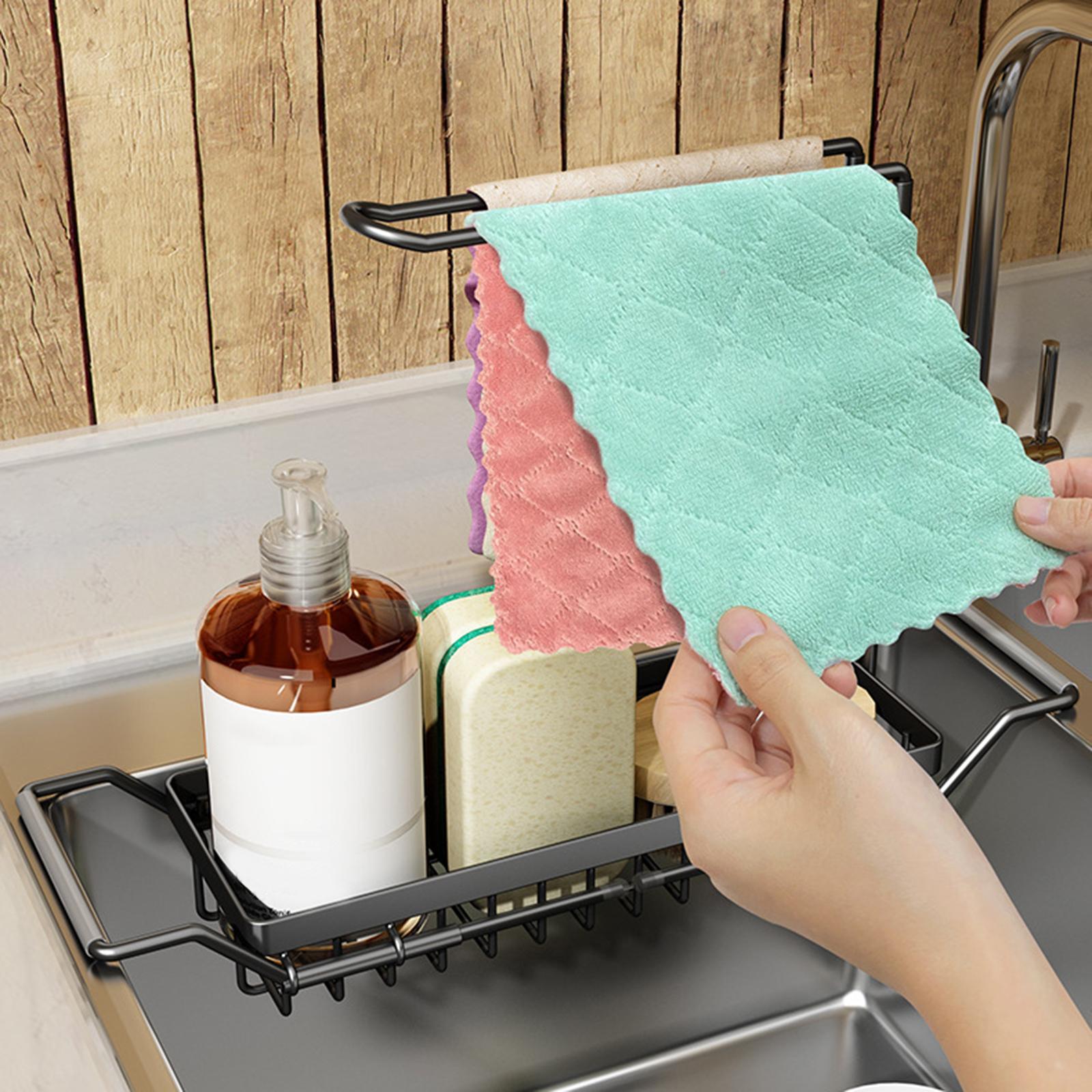 Over the Sink Storage Rack Organzier Adjustable Sponge Holder Drain Basket with Dish Towel Hanger