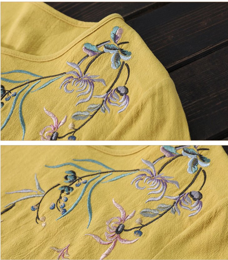 Áo kiểu nữ Đũi Việt, áo nữ form rộng, họa tiết hoa thêu ở ngực, phối đồ xinh DV18