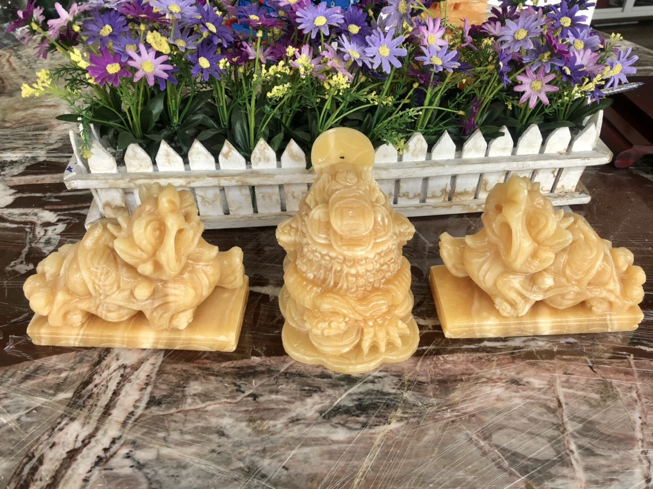 Bộ combo Tỳ Hưu dài 15cm và Tượng Cóc Ba Chân, Cóc Ngậm Tiền, Thiềm Thừ phong thủy dài 15 cm đá ngọc hoàng long