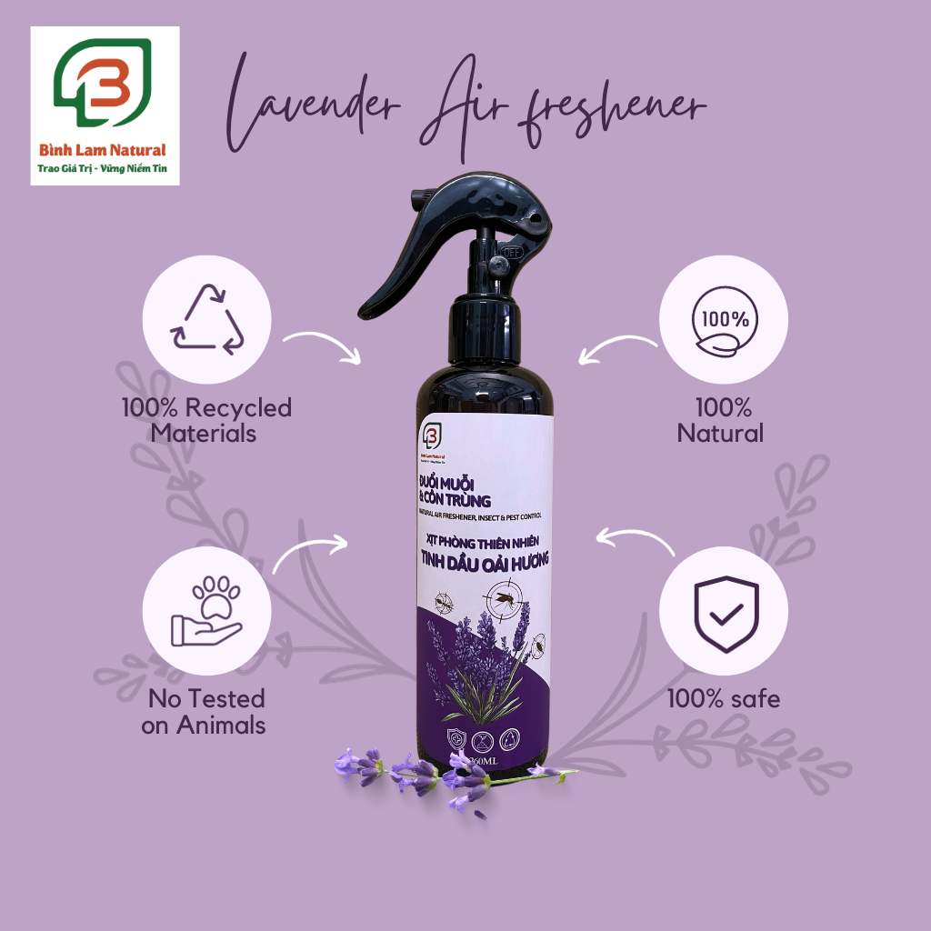 Xịt phòng tinh dầu Oải Hương Lavender đuổi chuột, muỗi, côn trùng, khử mùi, diệt khuẩn, ẩm mốc hữu cơ Bình Lam Natural 260ml