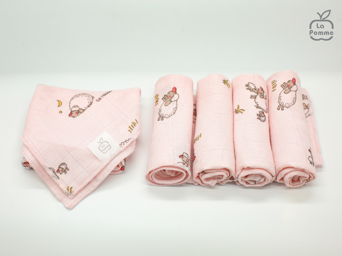 K001 Set 5 Khăn sữa sợi tre lụa La Pomme - 30x30cm Pink Sheep