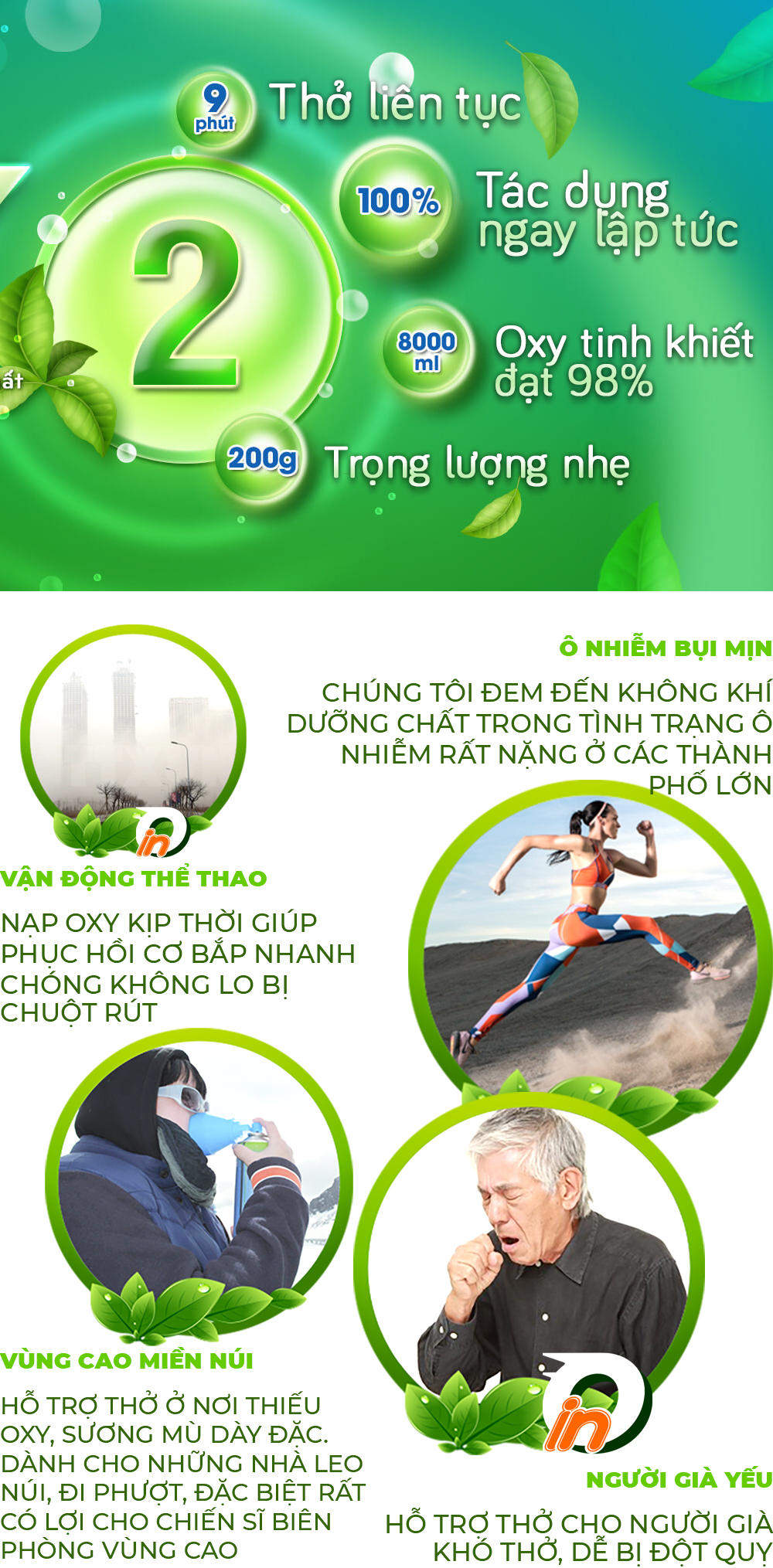 Combo 20 Bình khí Oxy mini Lá Xanh hỗ trợ hô hấp ; tặng thêm 5 bình khí cùng loại và 1 móc treo khóa nhắc nhở ( Bảo vệ hô hấp )