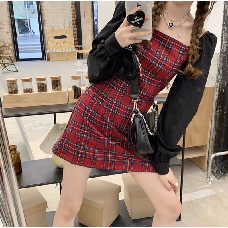 Đầm caro đỏ phối tay ren