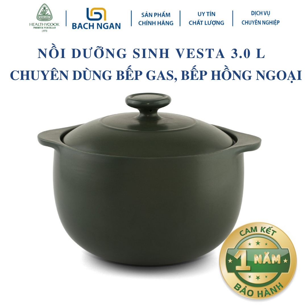 Nồi Sứ Dưỡng Sinh Minh Long Vesta 3.0 L dùng cho Bếp Ga, Hồng Ngoại có nắp đậy, thực phẩm chín nhanh và đều