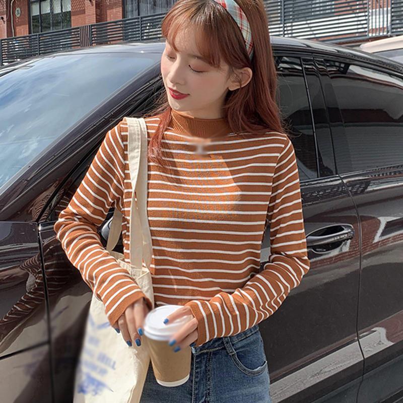 Áo Sweater Dệt Kim Cổ Lọ Kẻ Sọc Xinh Xắn Cho Nữ