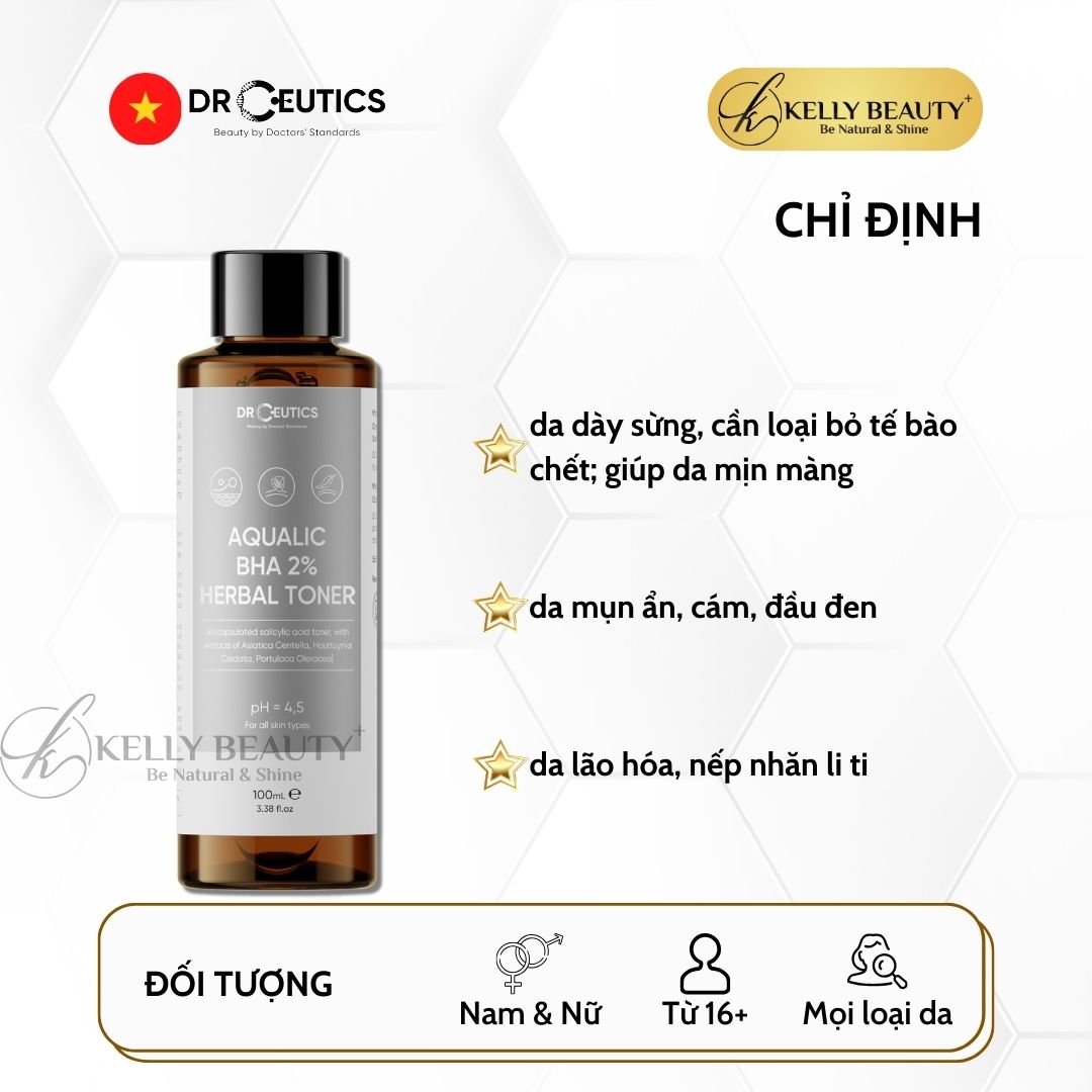 DrCeutics Aqualic BHA 2% Herbal Toner - Giảm Mụn, Ngừa Mụn Tái Phát; Da Sạch Mịn Màng | Kelly Beauty