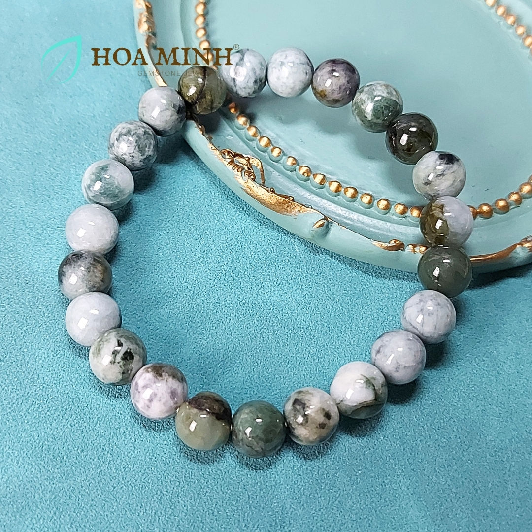 Vòng chuỗi tay đá Cẩm Thạch tự nhiên lên bông trơn size hạt 8 li rất đẹp không kén mệnh