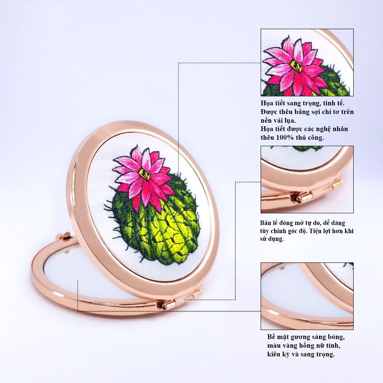 Gương Thêu Tay, Gương Trang Điểm Mini - Họa Tiết Thêu Cây Xương Rồng - Thiết Kế Gương Nhỏ Gọn Vừa Tay Cầm - Món Quà Dành Riêng Cho Các Bạn Gái Xinh Đẹp