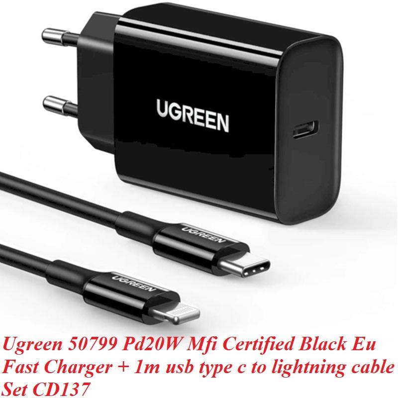 Ugreen UG50799CD137TK 20W bộ kit sạc nhanh PD và cáp USB type C ra Lightning MFI cho iPhone màu đen - HÀNG CHÍNH HÃNG