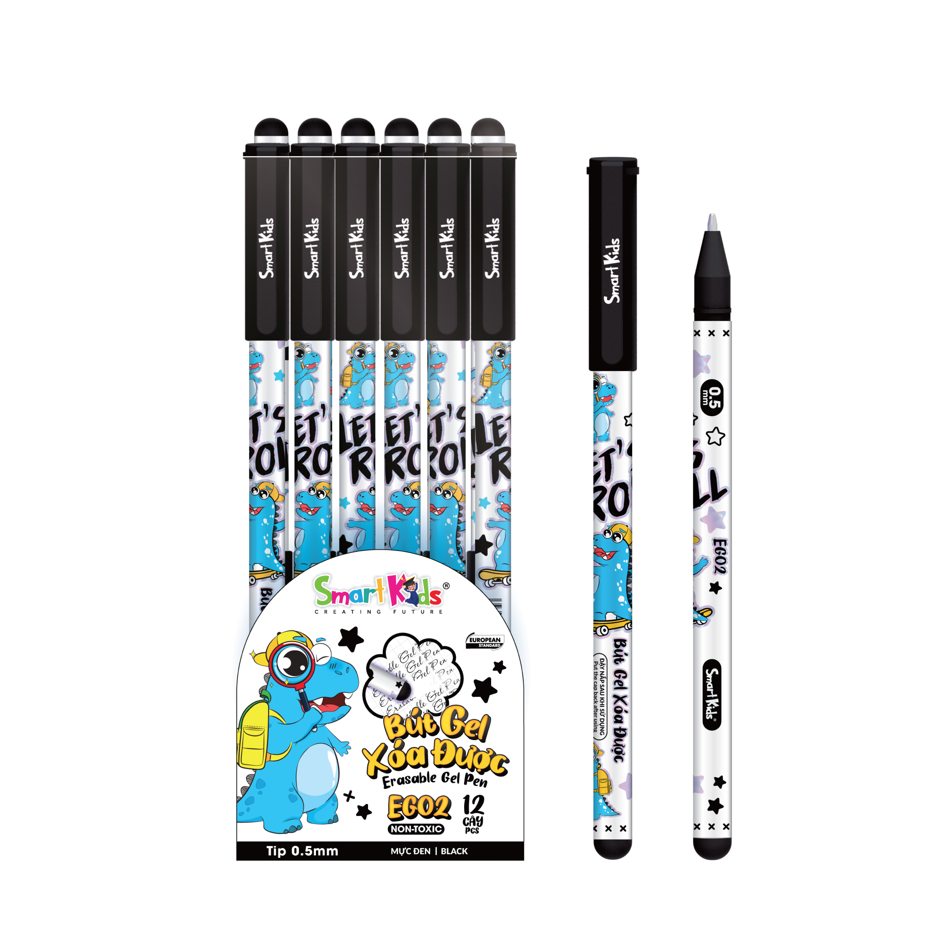 Hộp 12 bút gel xóa được Smartkids Dino EG02 ngòi 0.5mm mực tím, mực xanh, mực đen