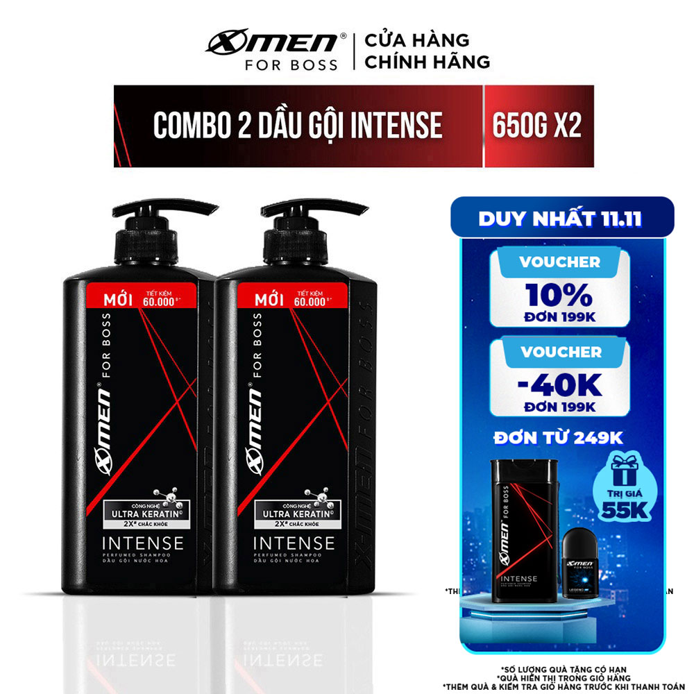 Combo 2 Dầu Gội Xmen for boss Hương Trầm Nội Lực Intense 650g/chai