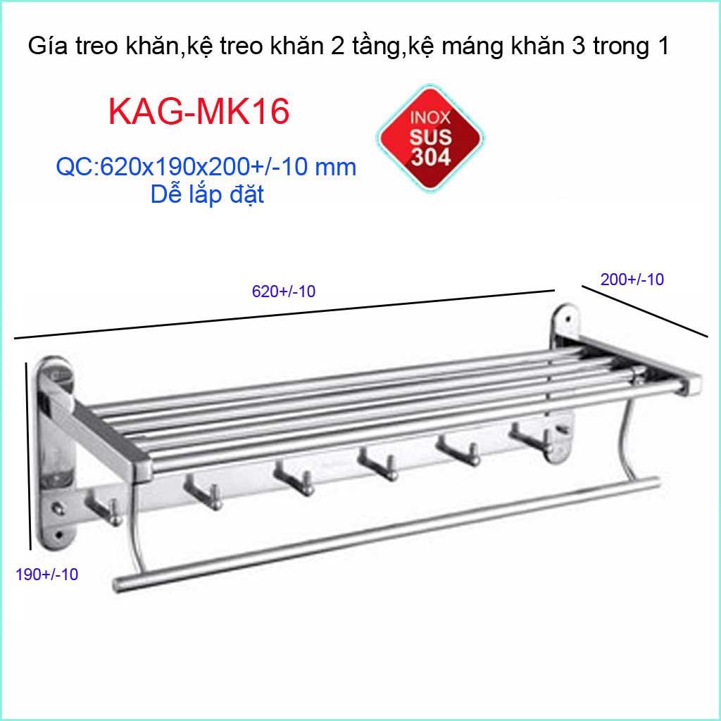 Giá treo khăn Inox 304 3 trong 1 , máng khăn inox 3 in 1 KAG-MK16