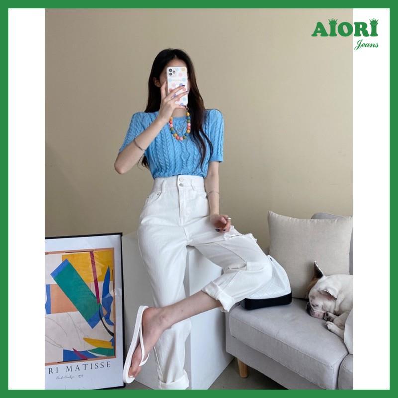 Quần Jean Nữ AIORI Lưng Cao 2 Nút Baggy Bò Trơn Màu Trắng Phong Cách Thời Trang_Mã B018 - S