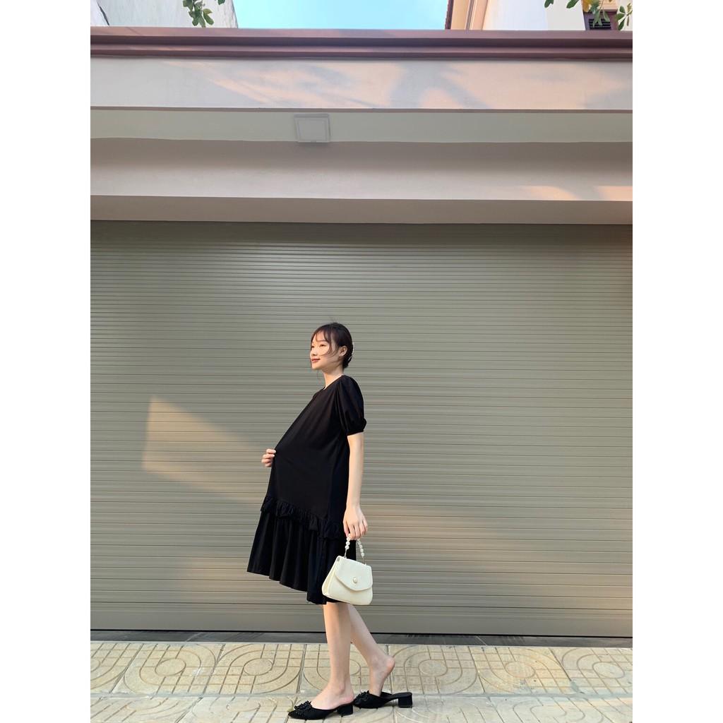 Đầm xinh bầu dáng suông đuôi cá chất cotton mát cộc tay mùa hè 2021 maternity dress