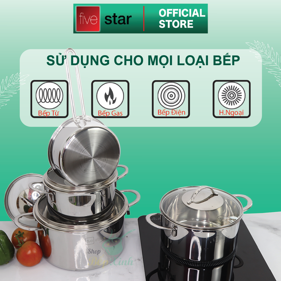 Bộ Nồi Inox 304  bếp từ 3 lớp đáy liền 4 món nắp kính Fivestar tặng 2 muỗng canh