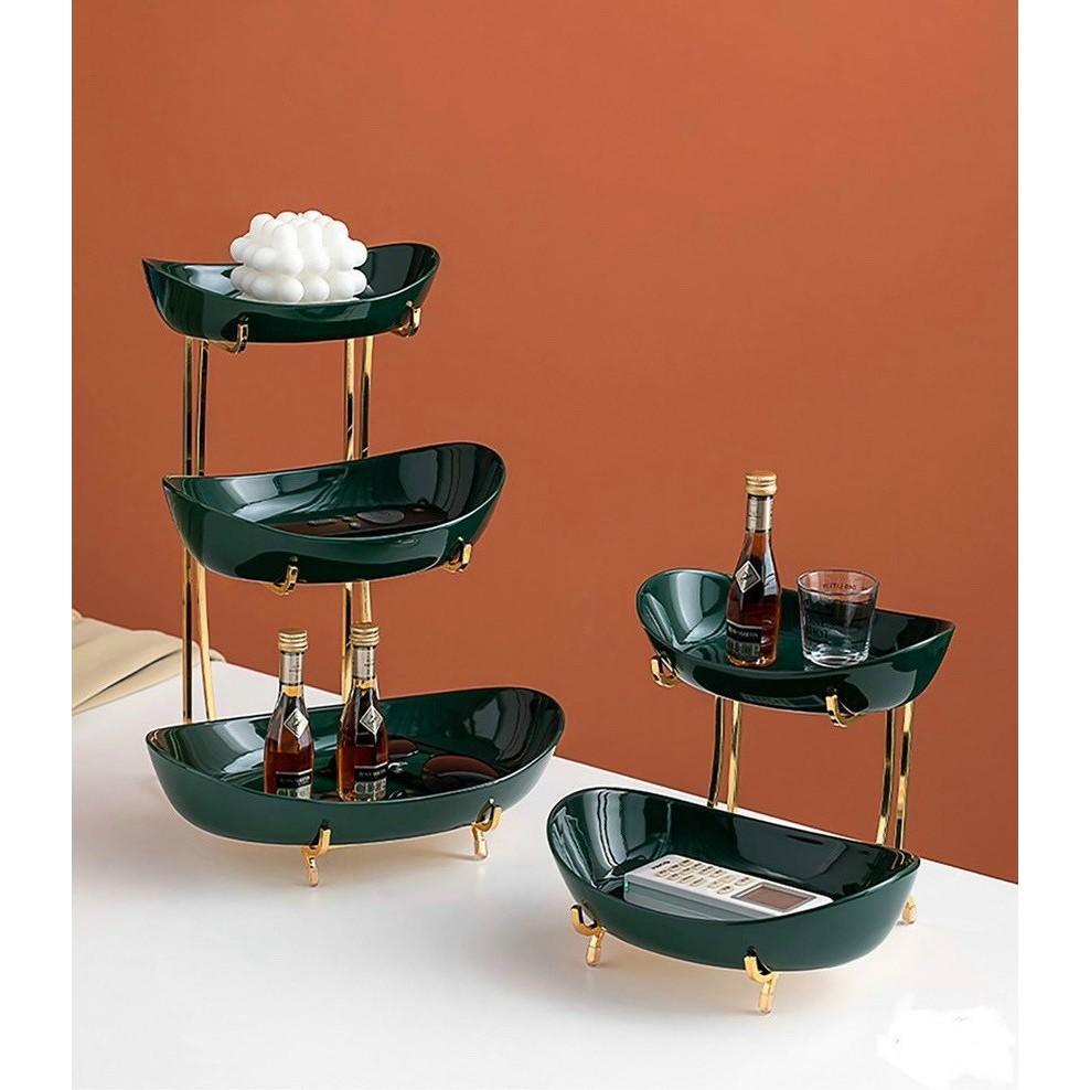 KHAY SỨ ĐỰNG BÁNH KẸO HOA QUẢ 3 TẦNG KHUNG KIM LOẠI MẠ VÀNG - XANH