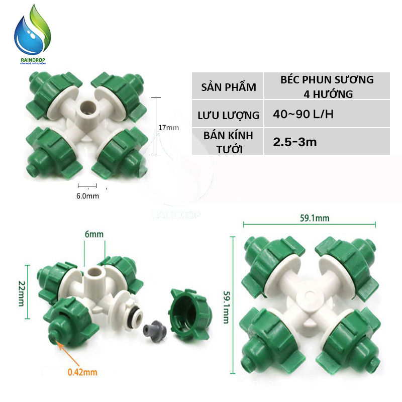 Béc phun sương 4 hướng nối tê 8mm