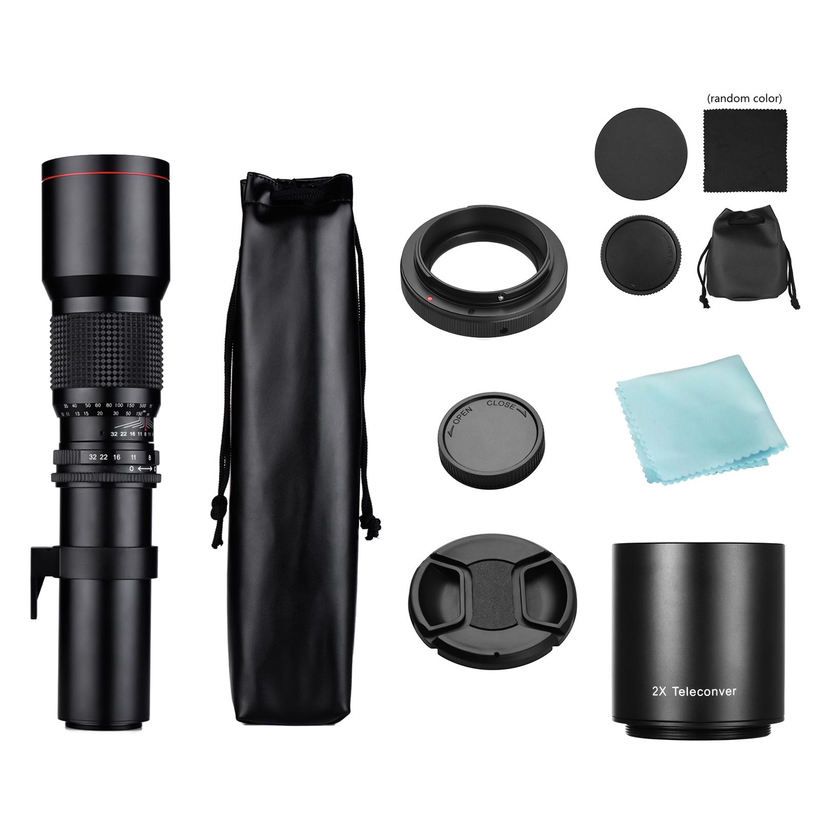 Camera Super Telephoto Lens 500mm F/8.0-32 Manual Zoom T-Mount+2X 500mm Teleconverter Lens+T2-EOS Adapter Ring for Canon