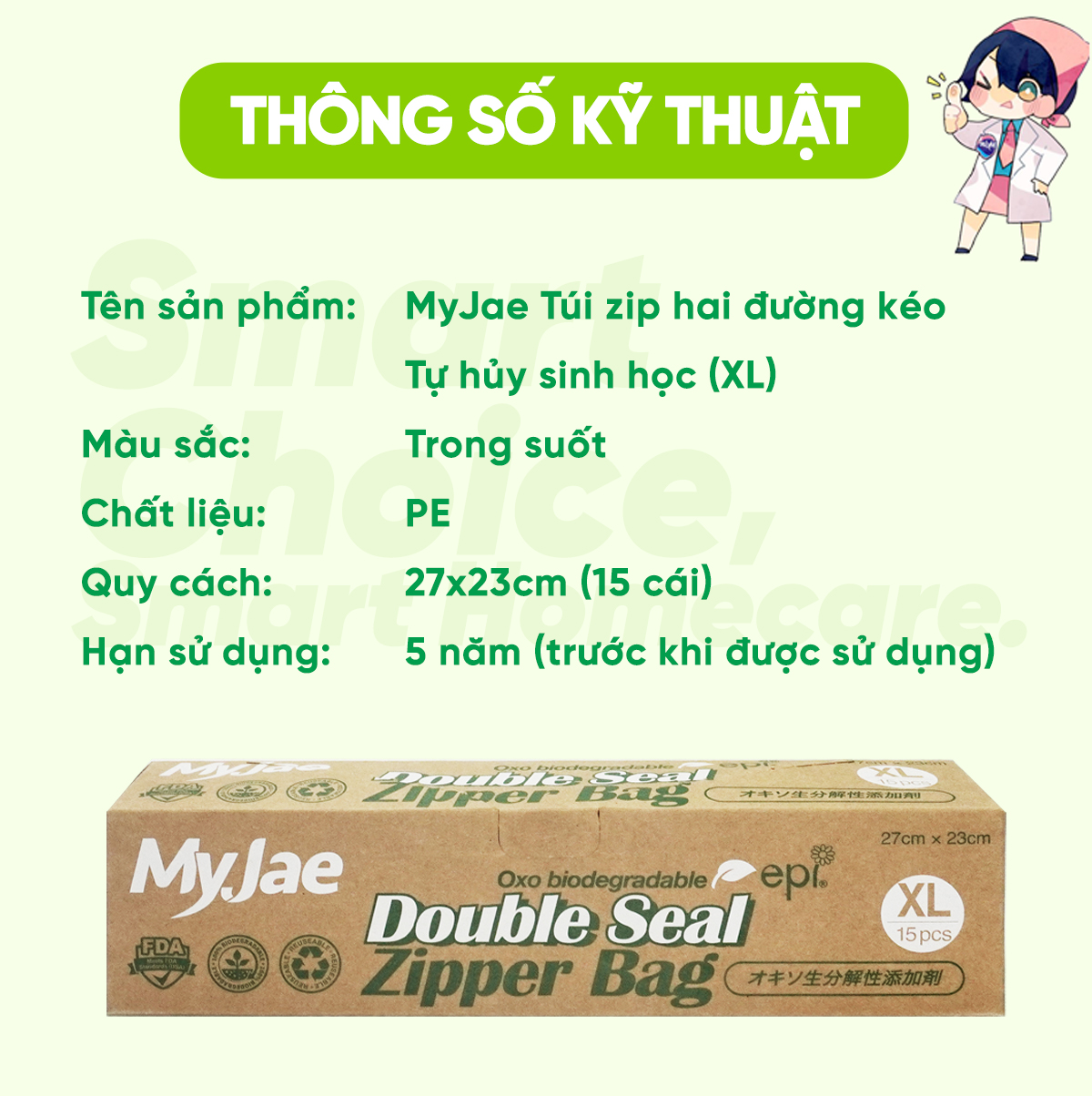 Túi zip Myjae hai đường kéo tự huỷ sinh học (XL)