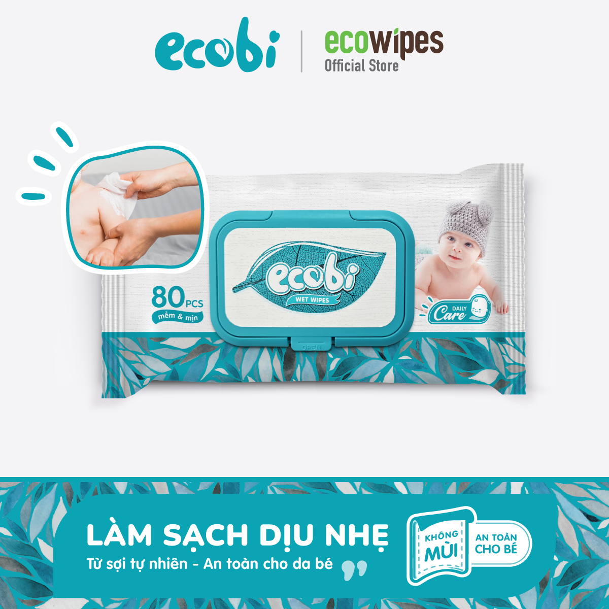 Khăn ướt cho bé Ecowipes gói 80 tờ Ecobi không mùi không paraben an toàn cho làn da nhạy cảm của trẻ sơ sinh