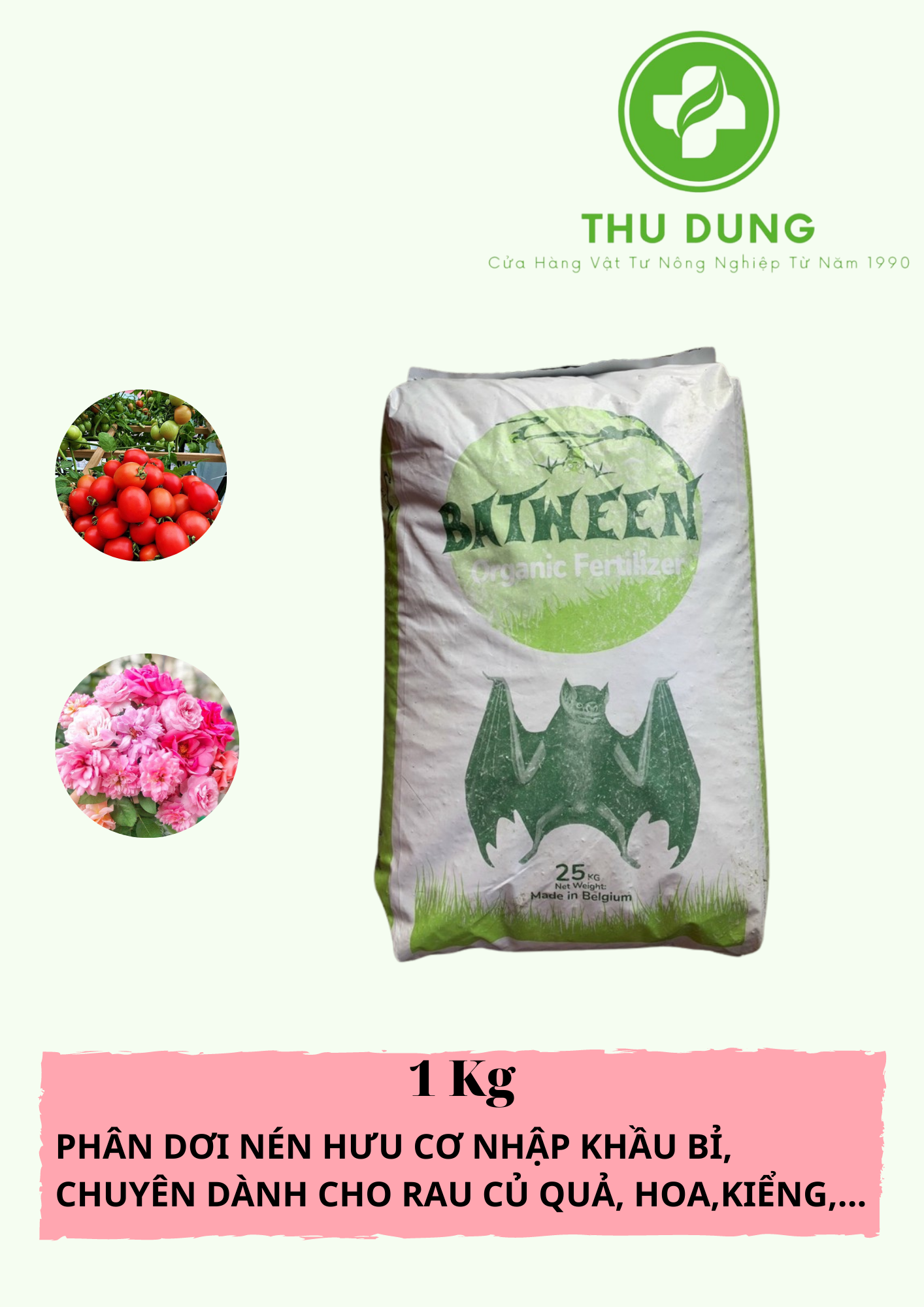 PHÂN DƠI NÉN HƯU CƠ NHẬP KHẦU BỈ, CHUYÊN DÀNH CHO RAU CỦ QUẢ, HOA,KIỂNG,...1Kg