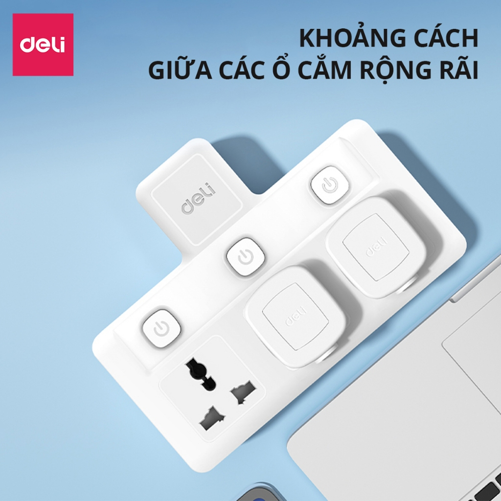 Ổ Cắm Chia Điện Deli, Ổ Cắm Điện Chữ T Công Suất 2500W Tích Hợp Cổng USB &amp;TypeC Sạc Nhanh 20W
