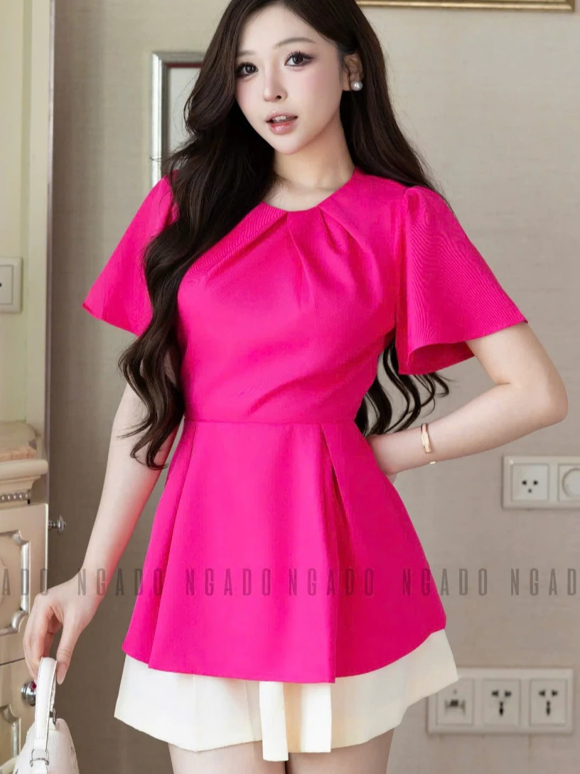 Áo hồng sen cổ xếp NGADO , Áo kiểu nữ , Áo dự tiệc