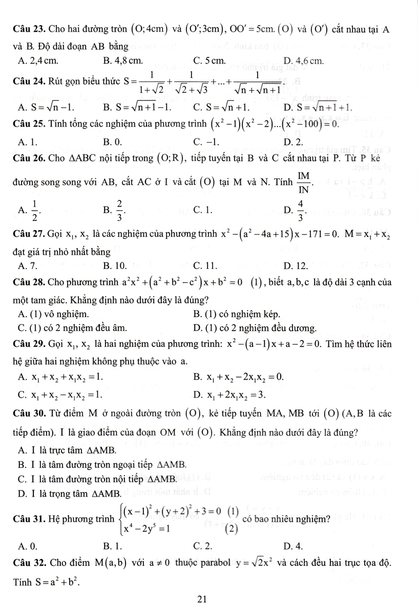 Ôn Thi Vào Lớp 10 THPT Môn Toán: Bài Thi Trắc Nghiệm _EDU