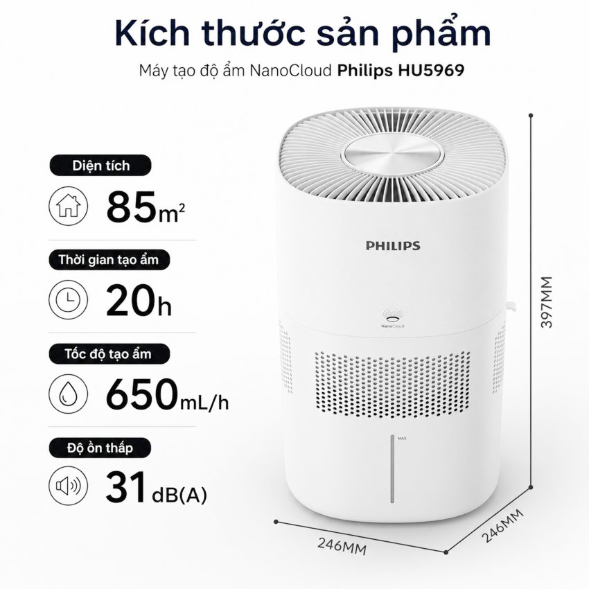 Máy tạo độ ẩm công nghệ NanoCloud UV khử khuẩn Philips HU5969 - Dùng cho phòng diện tích 85m2 - Hàng nhập khẩu