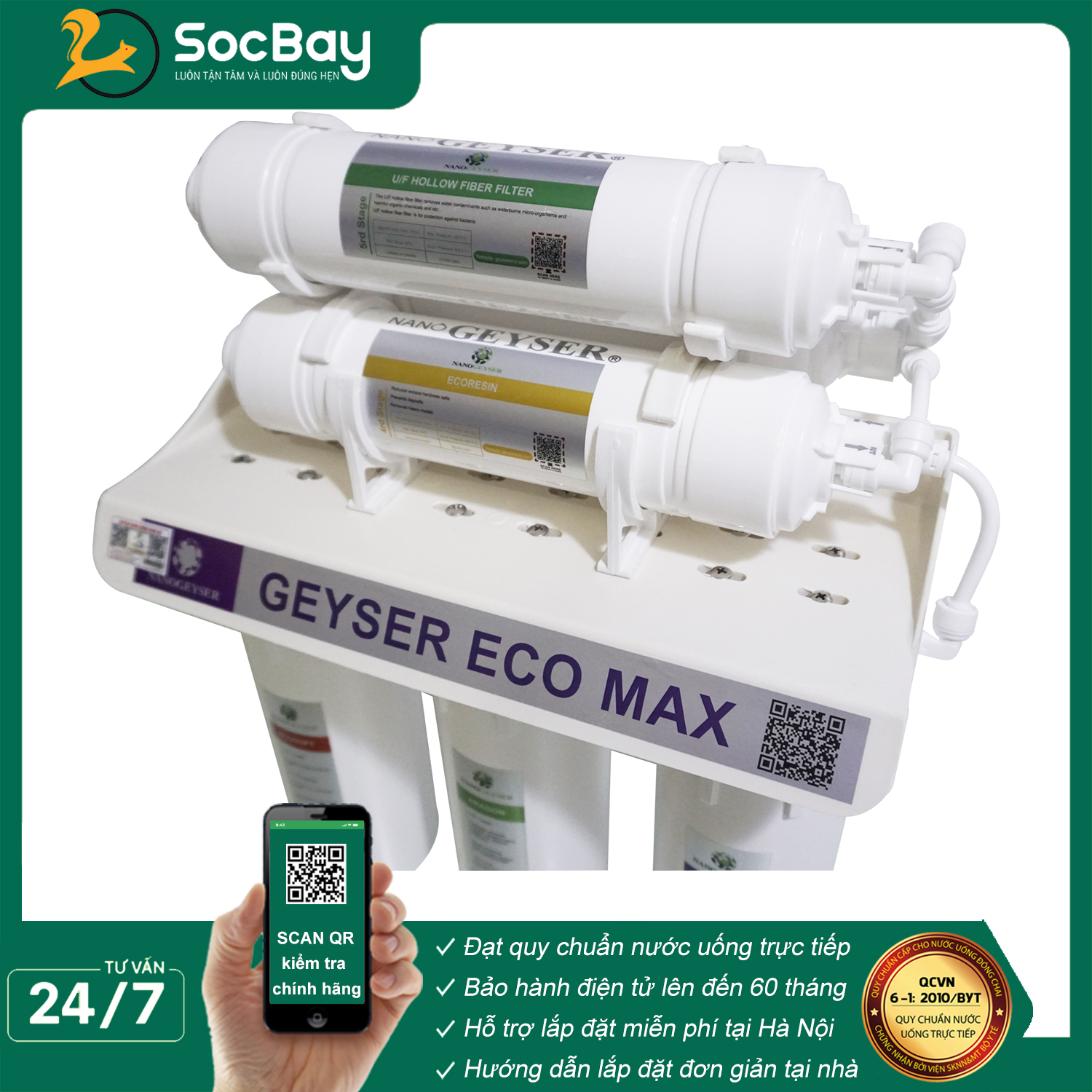 Máy lọc nước UF + Nano Geyser ECO MAX 6 cấp không dùng điện - Hàng Chính Hãng