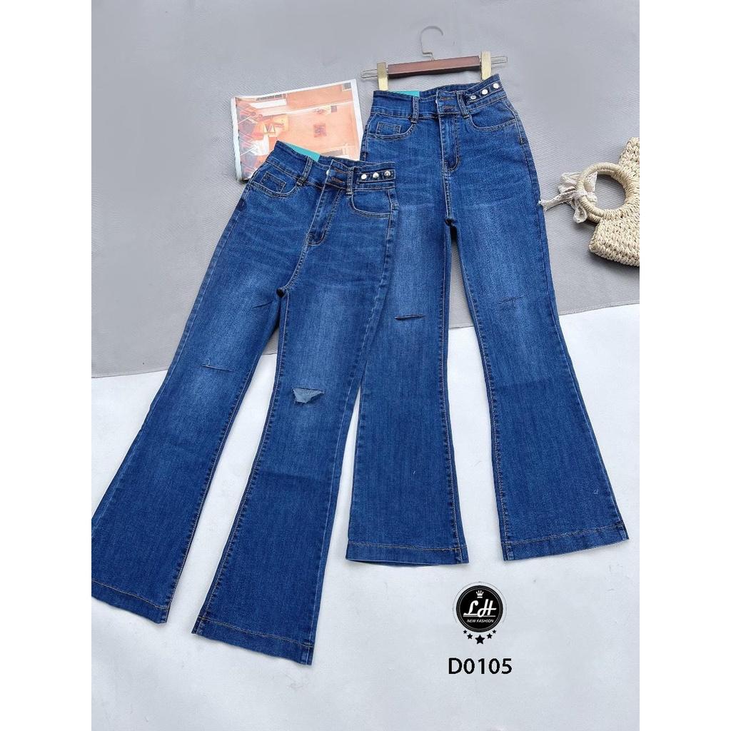 Quần jean ống loe lưng cao màu xanh rách gối có ba nút trên bass độc lạ dành cho nữ Lê Huy Fashion MS D0105