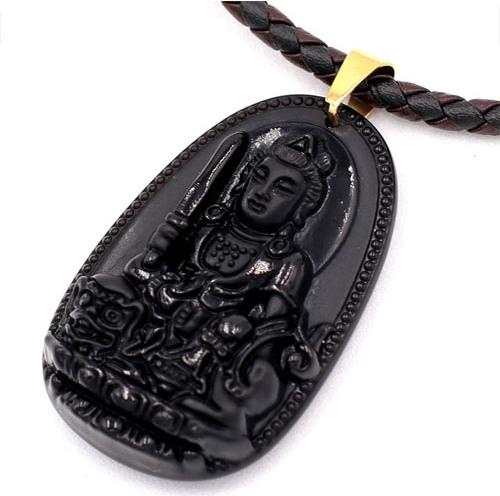 Vòng cổ dây da Văn Thù Bồ Tát thạch anh đen 5cm - Phật bản mệnh tuổi Mão