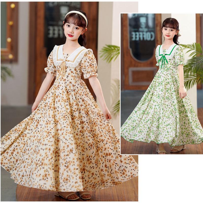 SHUANGYAN Cô gái lớn bé mùa hè váy bong bóng tay áo đầm cô gái nhỏ mùa hè phong cách phương Tây váy sinh viên ngọt ngào trên đầu gối hoa đầm dài