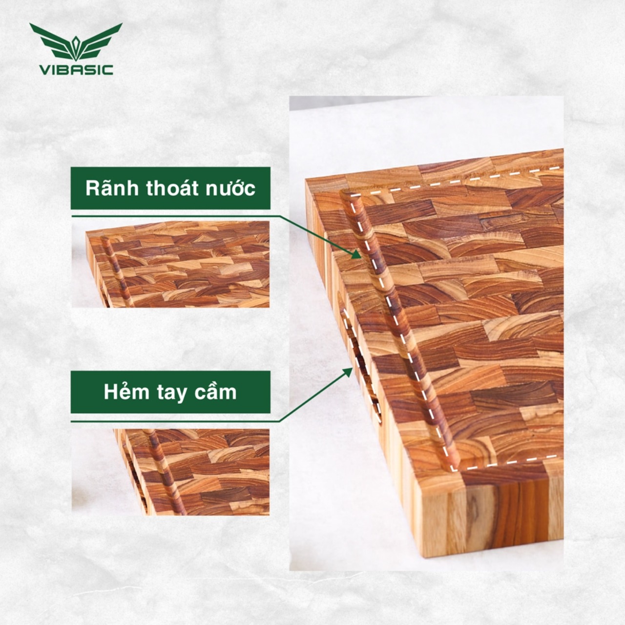 Thớt gỗ Teak Vibasic ghép dựng block kích thước 400x300x38mm, dùng để chặt - Hàng chính hãng Bộ Quốc Phòng