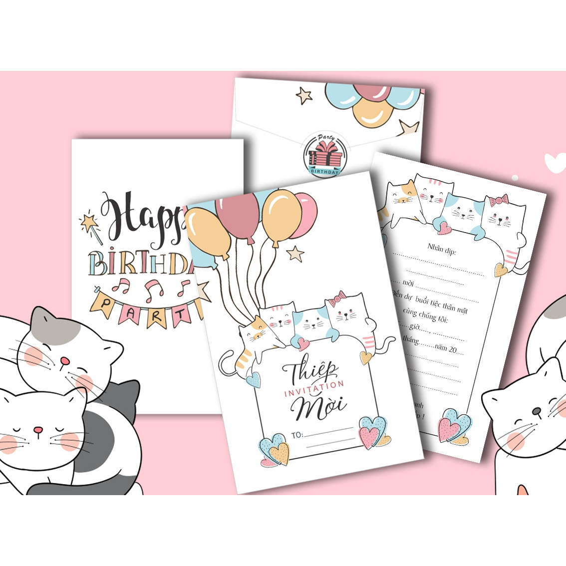 Combo 20 thiệp mời sinh nhật hình mèo con dễ thượng DQ-2051-F