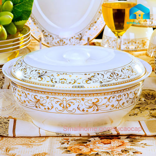Bộ đồ ăn Flower Dance 56 món bằng sứ xương cao cấp, họa tiết viền tinh xảo, sang trọng, phong cách Tây Âu.